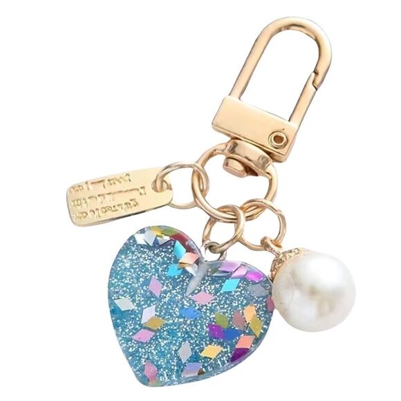 Blue Glitter Heart Pearl Gold Bag Charm Key Ring Accessory - Picture 1 of 1